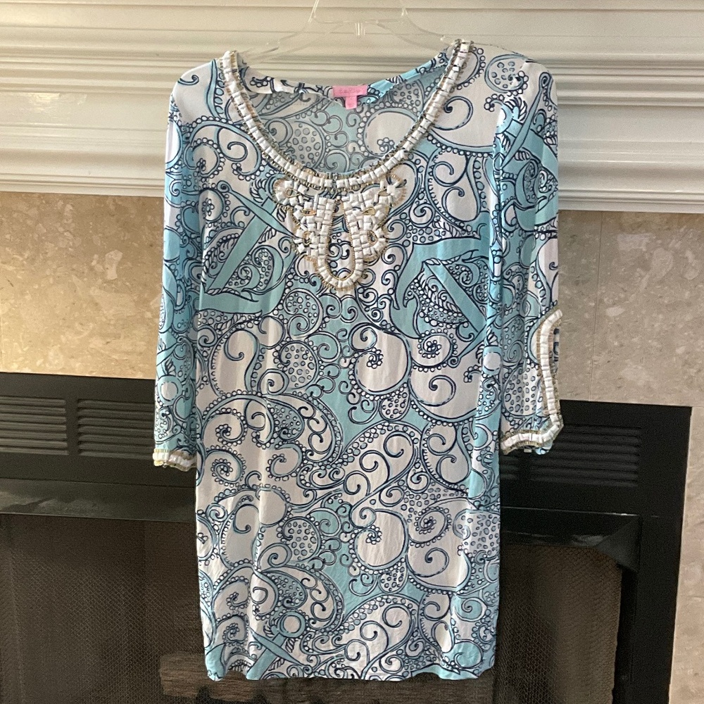 Lilly Pulitzer Size Large Sarah Tunic Dress Shape Up or Ship Out Beaded Spa Blue